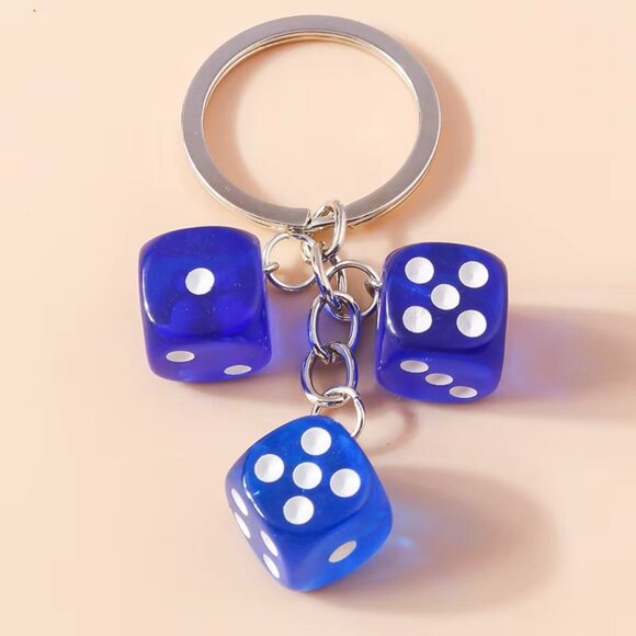 Blue Lucky Dice Keychain with 3 Dice Charms Fun Novelty Gift for Gamers & Cars - Picture 4 of 5